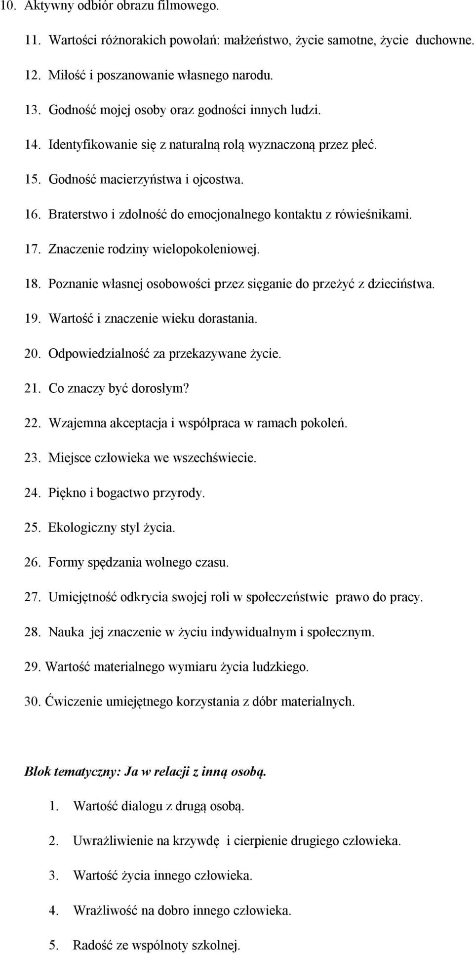Braterstwo i zdolność do emocjonalnego kontaktu z rówieśnikami. 17. Znaczenie rodziny wielopokoleniowej. 18. Poznanie własnej osobowości przez sięganie do przeżyć z dzieciństwa. 19.