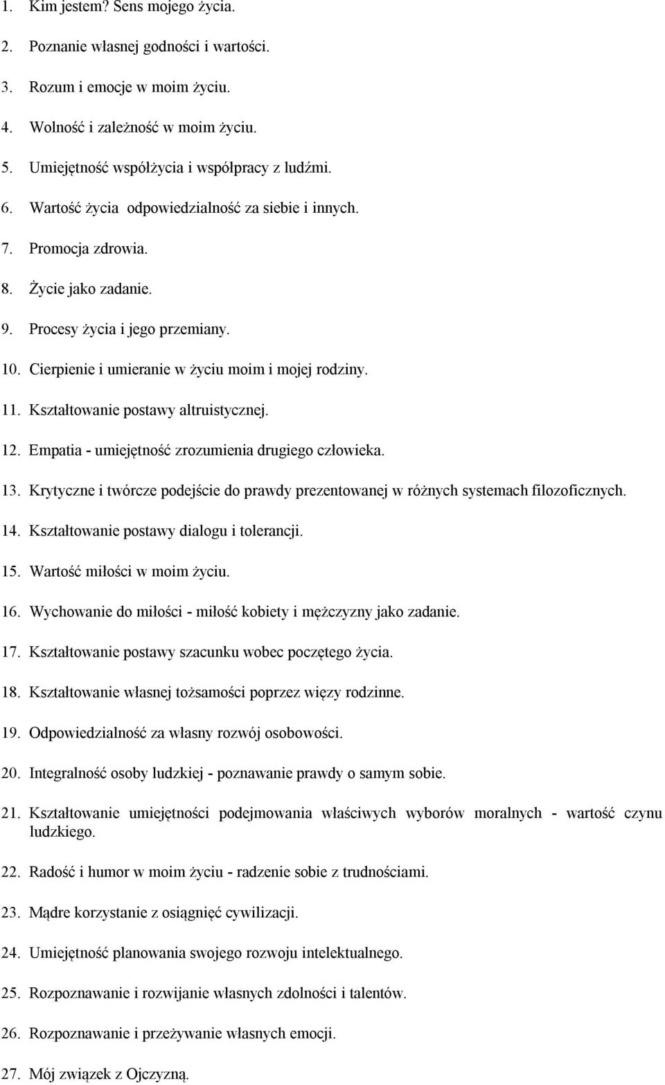 Kształtowanie postawy altruistycznej. 12. Empatia - umiejętność zrozumienia drugiego człowieka. 13. Krytyczne i twórcze podejście do prawdy prezentowanej w różnych systemach filozoficznych. 14.