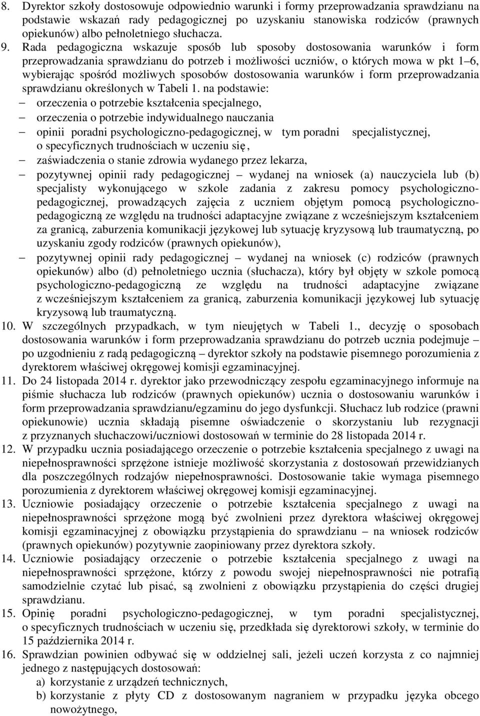 Rada pedagogiczna wskazuje sposób lub sposoby dostosowania warunków i form przeprowadzania sprawdzianu do potrzeb i możliwości uczniów, o których mowa w pkt 1 6, wybierając spośród możliwych sposobów