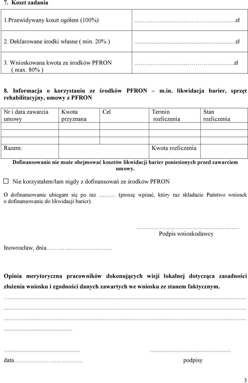 likwidacja barier, sprzęt rehabilitacyjny, umowy z PFRON Nr i data zawarcia umowy Kwota przyznana Cel Termin rozliczenia Stan rozliczenia Razem: Kwota rozliczenia Dofinansowanie nie może obejmować