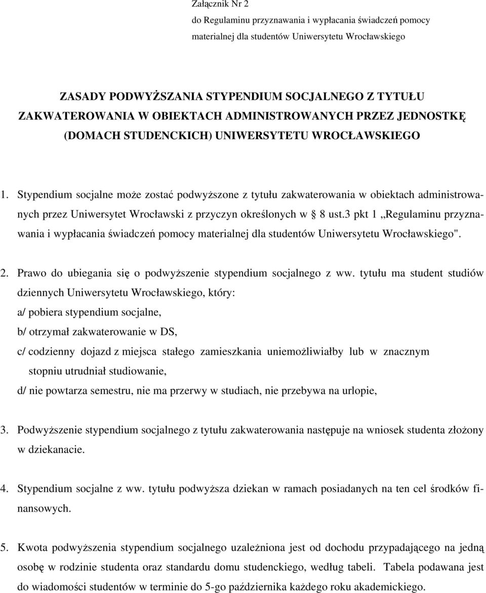 Stypendium socjalne może zostać podwyższone z tytułu zakwaterowania w obiektach administrowanych przez Uniwersytet Wrocławski z przyczyn określonych w 8 ust.