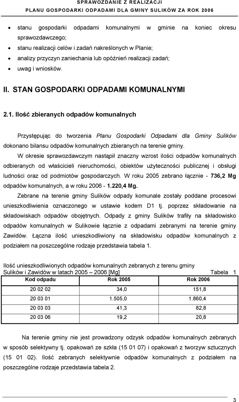 Ilość zbieranych odpadów komunalnych Przystępując do tworzenia Planu Gospodarki Odpadami dla Gminy Sulików dokonano bilansu odpadów komunalnych zbieranych na terenie gminy.