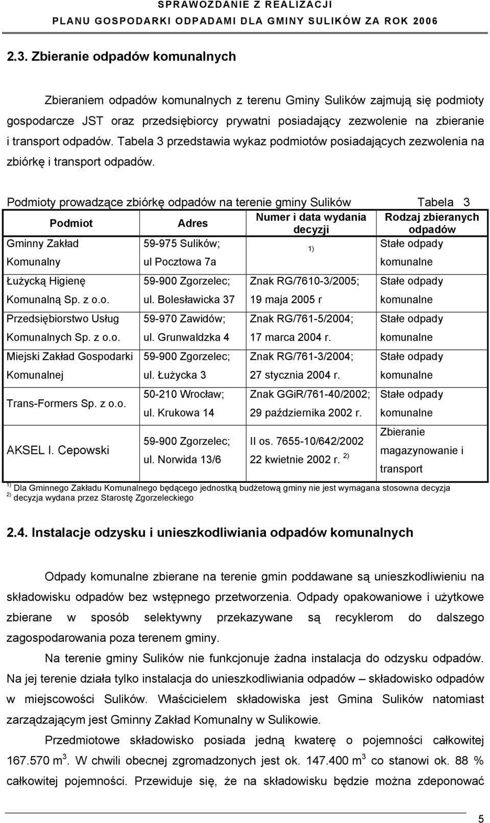 Podmioty prowadzące zbiórkę odpadów na terenie gminy Sulików Tabela 3 Numer i data wydania Rodzaj zbieranych Podmiot Adres decyzji odpadów Gminny Zakład 59-975 Sulików; Stałe odpady 1) Komunalny ul