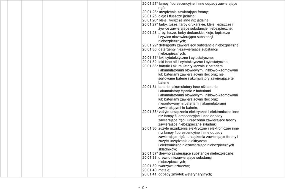 detergenty zawierające substancje 20 01 30 detergenty niezawierające substancji niebezpiecznych; 20 01 31* leki cytotoksyczne i cytostatyczne; 20 01 32 leki inne niż l cytotoksyczne i cytostatyczne;