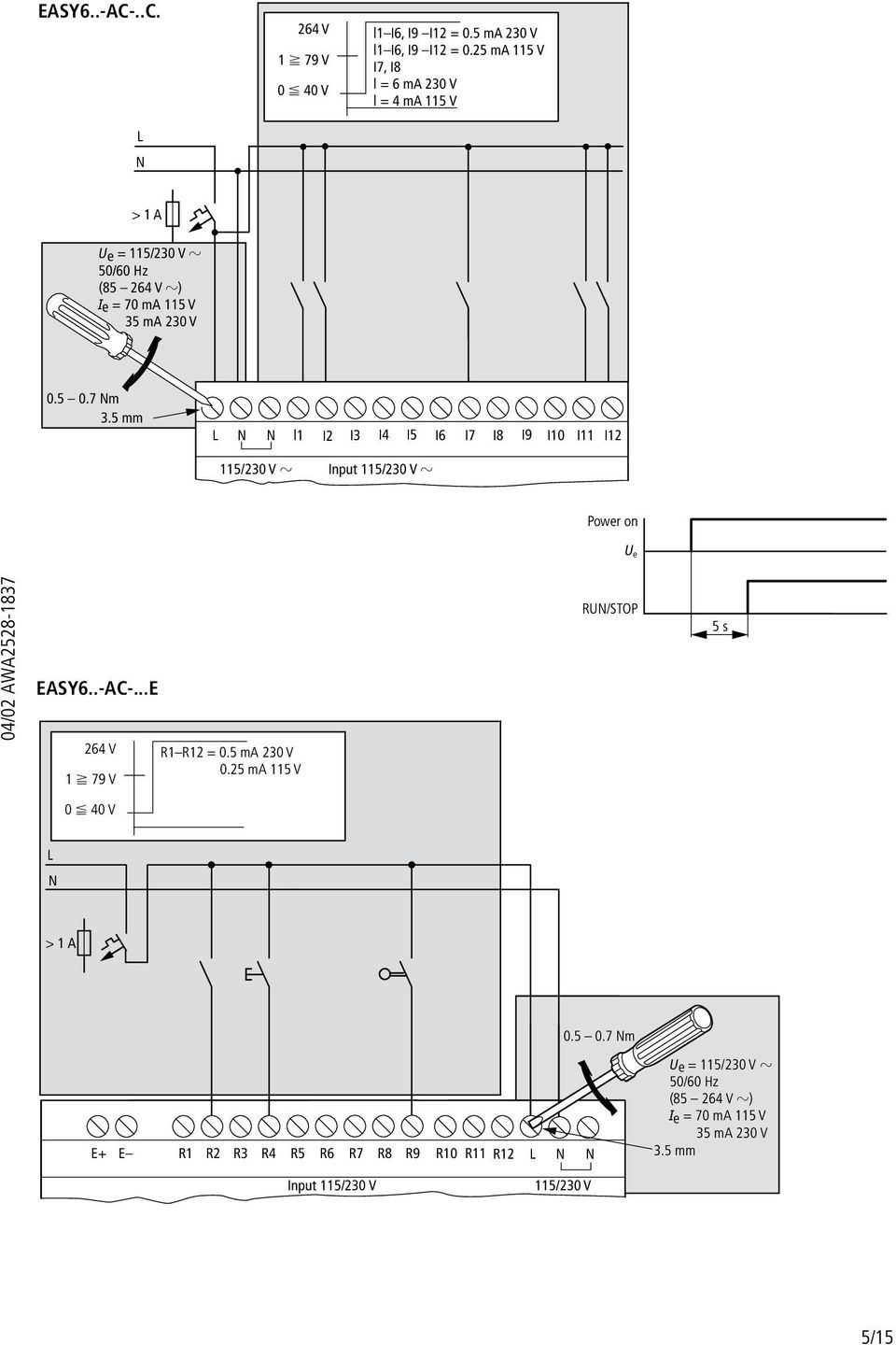 5 mm L N N l1 I2 I3 I4 I5 I6 I7 I8 I9 I10 I11 I12 115/230 V Input 115/230 V Power on U e EASY6..-AC-...E 264 V 1 f 79 V R1R12 = 0.