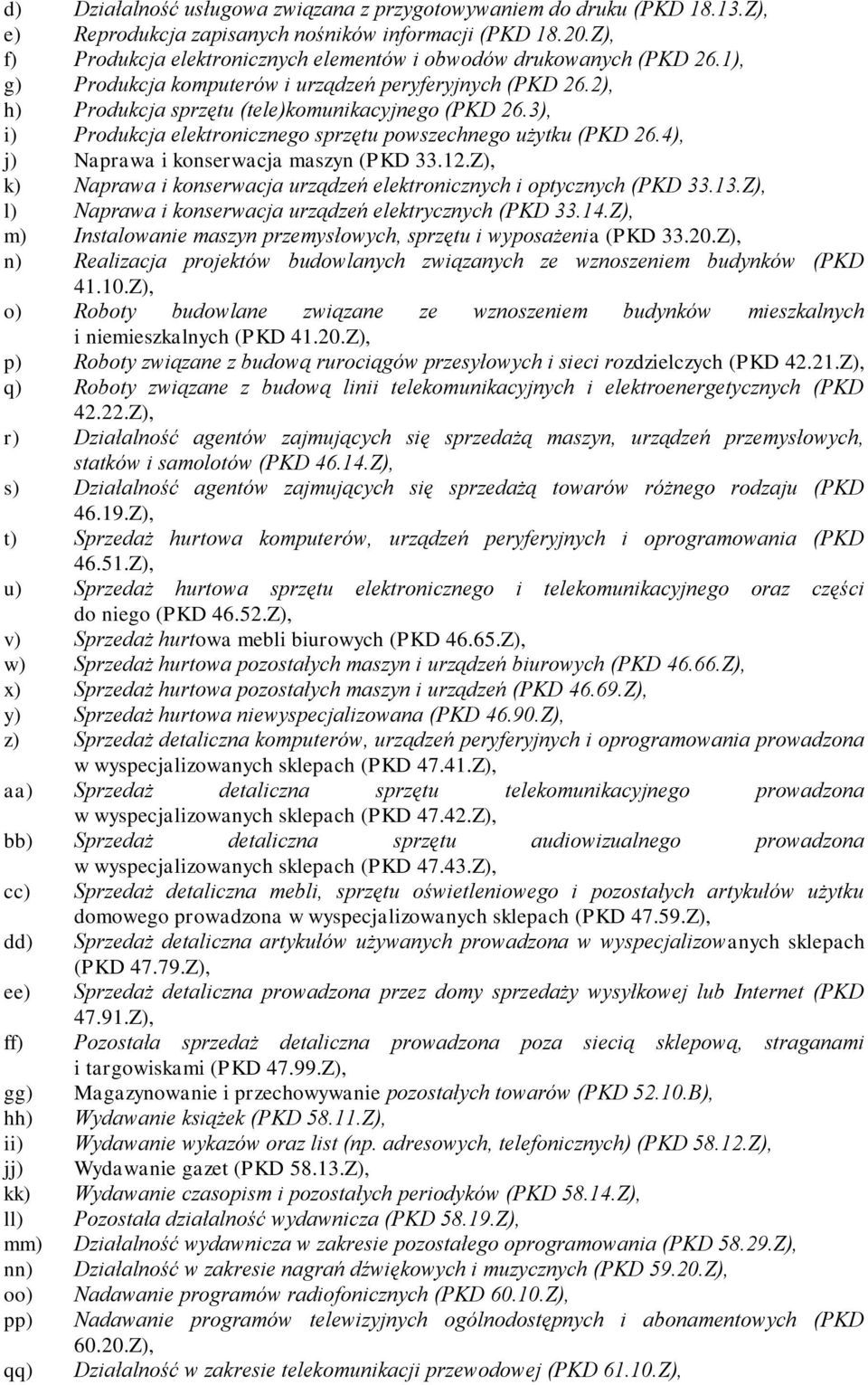 3), i) Produkcja elektronicznego sprzętu powszechnego użytku (PKD 26.4), j) Naprawa i konserwacja maszyn (PKD 33.12.Z), k) Naprawa i konserwacja urządzeń elektronicznych i optycznych (PKD 33.13.