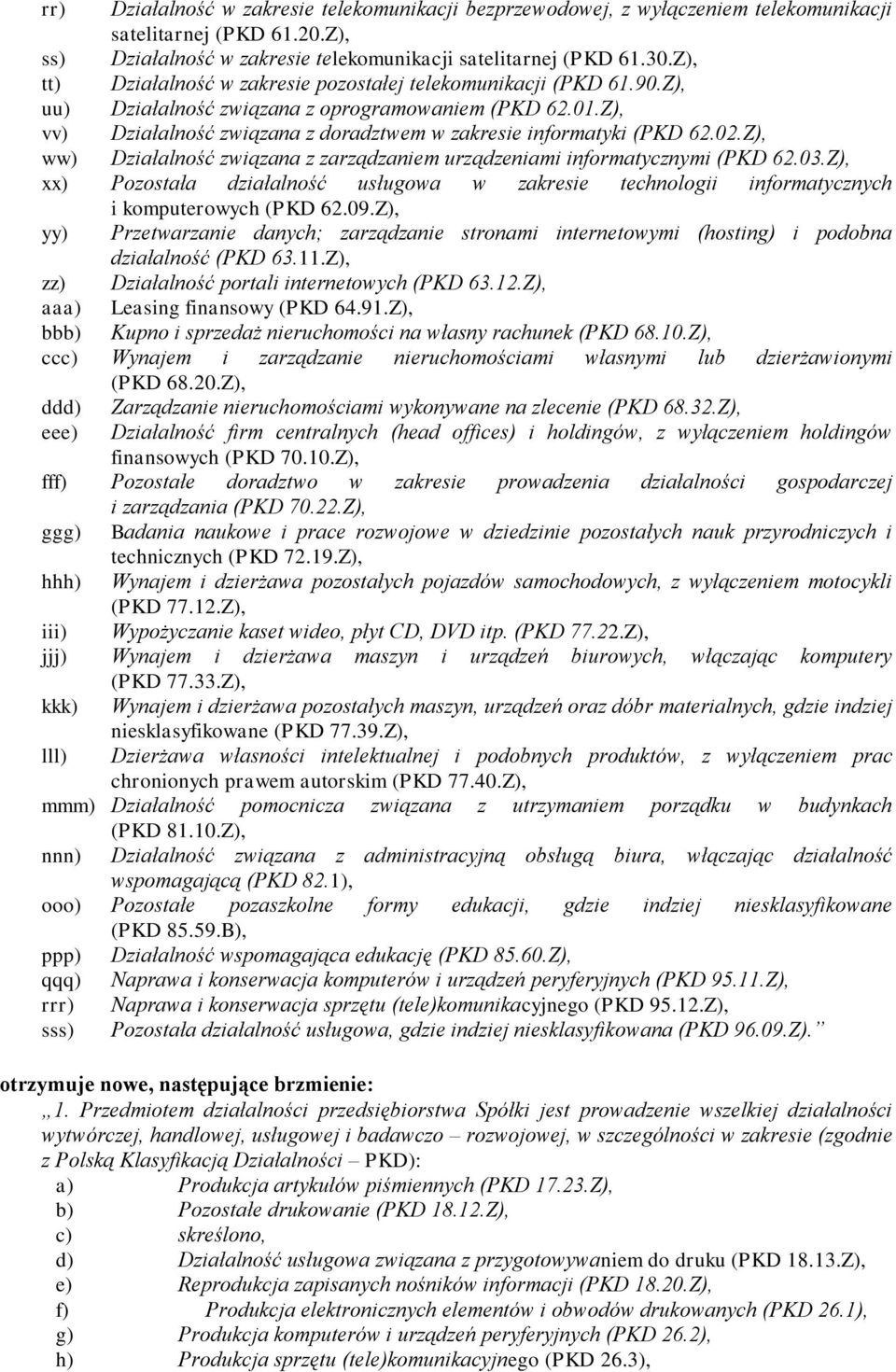02.Z), ww) Działalność związana z zarządzaniem urządzeniami informatycznymi (PKD 62.03.Z), xx) Pozostała działalność usługowa w zakresie technologii informatycznych i komputerowych (PKD 62.09.
