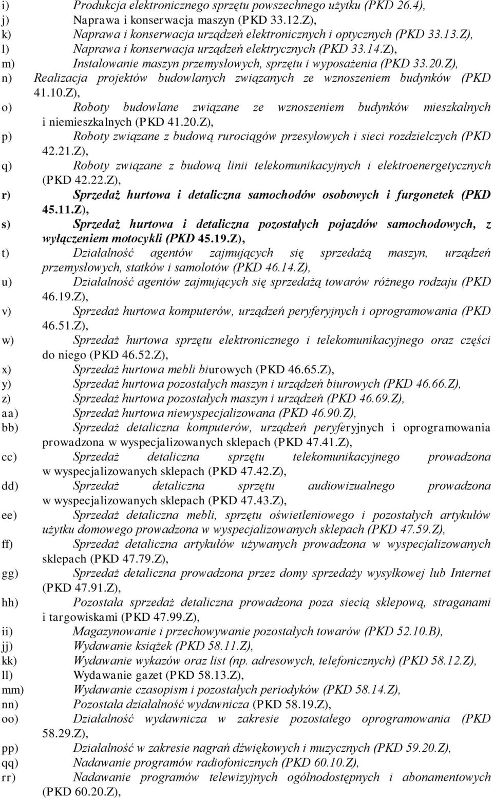 Z), n) Realizacja projektów budowlanych związanych ze wznoszeniem budynków (PKD 41.10.Z), o) Roboty budowlane związane ze wznoszeniem budynków mieszkalnych i niemieszkalnych (PKD 41.20.