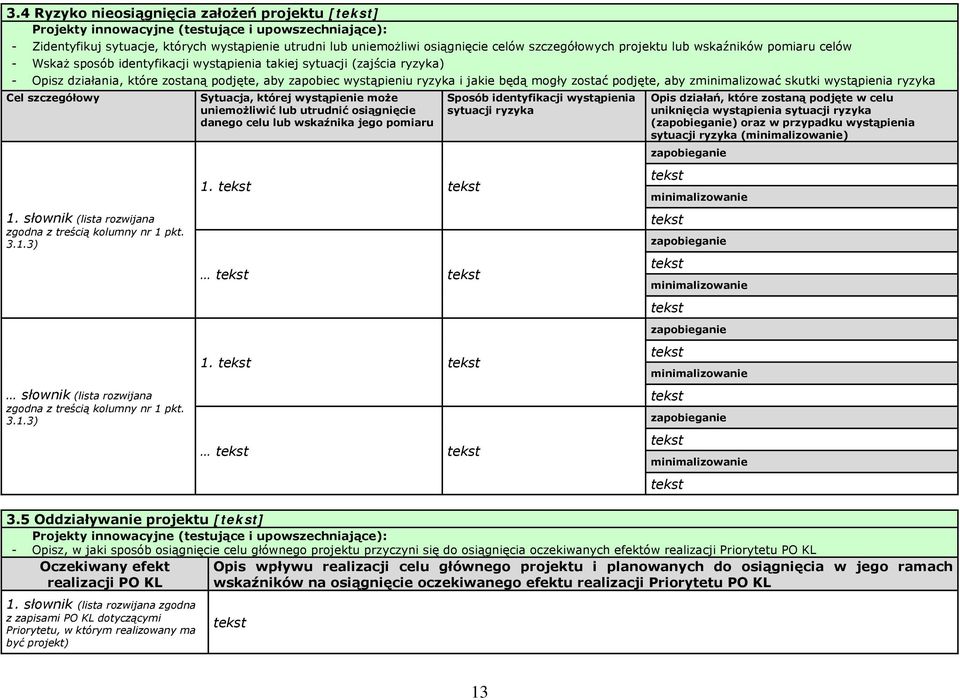 mogły zostać podjęte, aby zminimalizować skutki wystąpienia ryzyka Cel szczegółowy 1. słownik (lista rozwijana zgodna z treścią kolumny nr 1 pkt. 3.1.3) słownik (lista rozwijana zgodna z treścią kolumny nr 1 pkt.