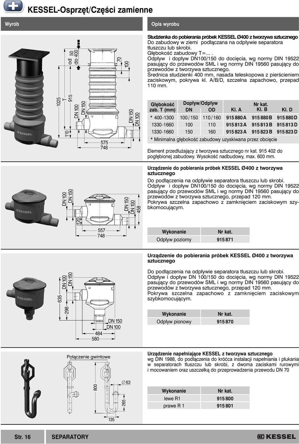 Ârednica studzienki 400 mm, nasada teleskopowa z pierêcieniem zaciskowym, pokrywa kl. A/B/D, szczelna zapachowo, przepad 110 mm. G bokoêç zab.