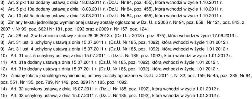 Nr 94, poz. 658 i Nr 121, poz. 843, z 2007 r. Nr 99, poz. 662 i Nr 181, poz. 1293 oraz z 2009 r. Nr 157, poz. 1241. 7) Art. 28 ust. 2 w brzmieniu ustawy z dnia 28.05.2013 r. (Dz.U. z 2013 r. poz. 675), która wchodzi w życie 17.