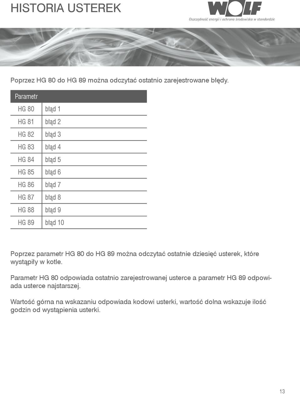 parametr HG 80 do HG 89 można odczytać ostatnie dziesięć usterek, które wystąpiły w kotle.