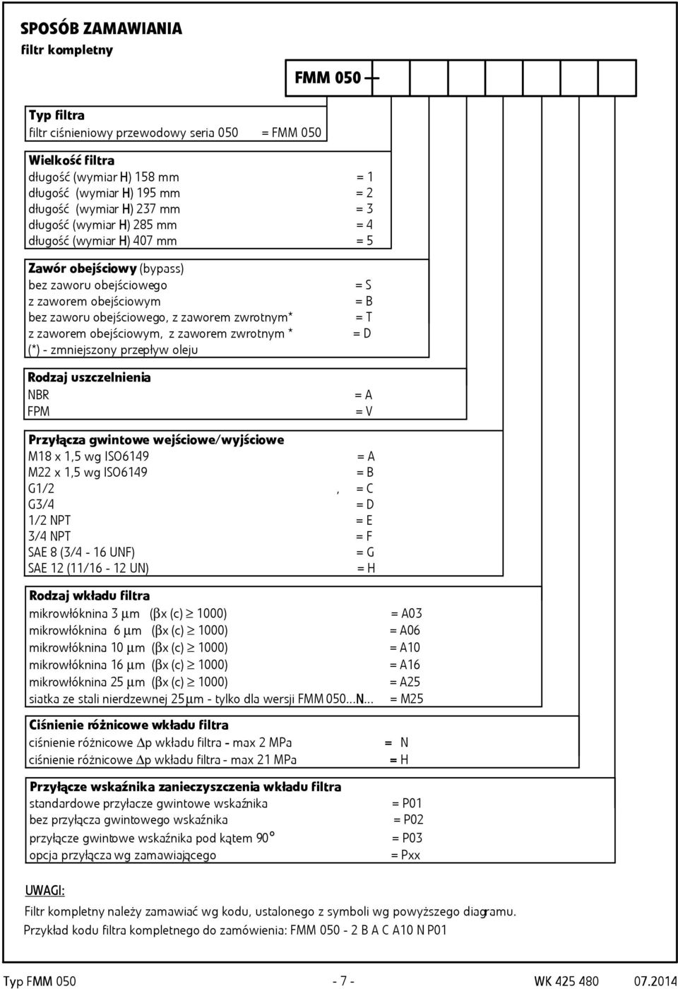 obejściowym, z zaworem zwrotnym * (*) - zmniejszony przepływ oleju Rodzaj uszczelnienia NBR FPM = S = B = T = D = A = V Przyłącza gwintowe wejściowe/wyjściowe M18 x 1,5 wg ISO6149 = A M22 x 1,5 wg