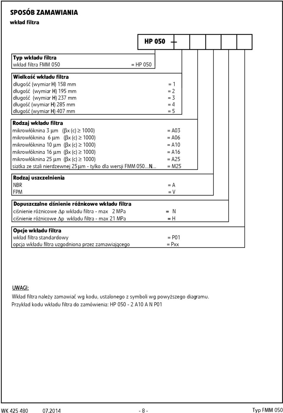 (βx (c) 1000) mikrowłóknina 25 µm (βx (c) 1000) siatka ze stali nierdzewnej 25µm - tylko dla wersji FMM 050...N.