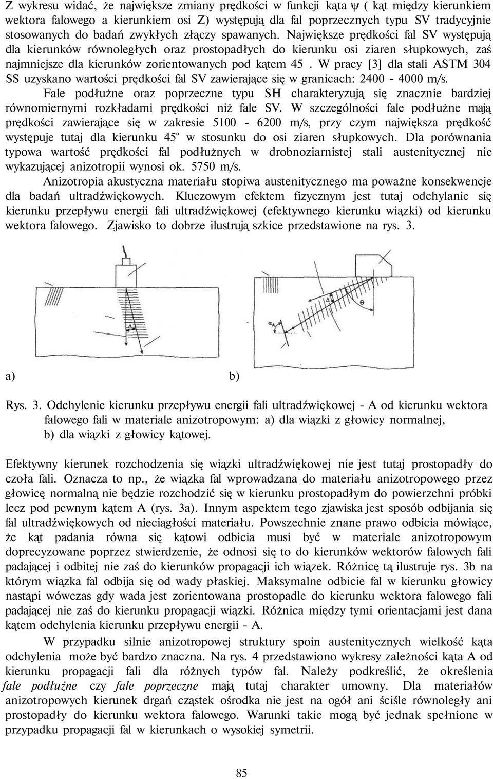 Największe prędkości fal SV występują dla kierunków równoległych oraz prostopadłych do kierunku osi ziaren słupkowych, zaś najmniejsze dla kierunków zorientowanych pod kątem 45.