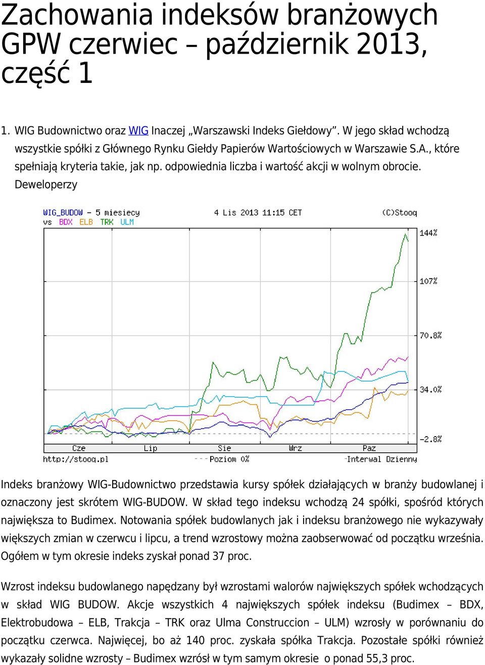 Deweloperzy Indeks branżowy WIG-Budownictwo przedstawia kursy spółek działających w branży budowlanej i oznaczony jest skrótem WIG-BUDOW.