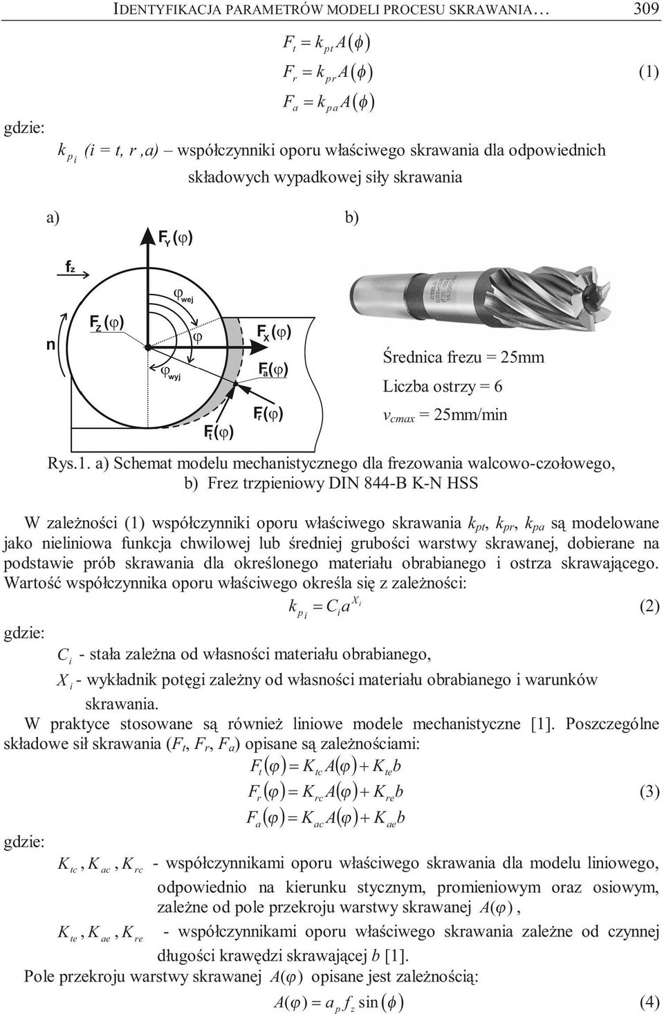 a) Schemat modelu mechanstycnego dla freowana walcowo-cołowego, b) Fre trenowy DI 844-B K- HSS W ależnośc (1) wsółcynnk ooru właścwego skrawana k t, k r, k a są modelowane jako nelnowa funkcja