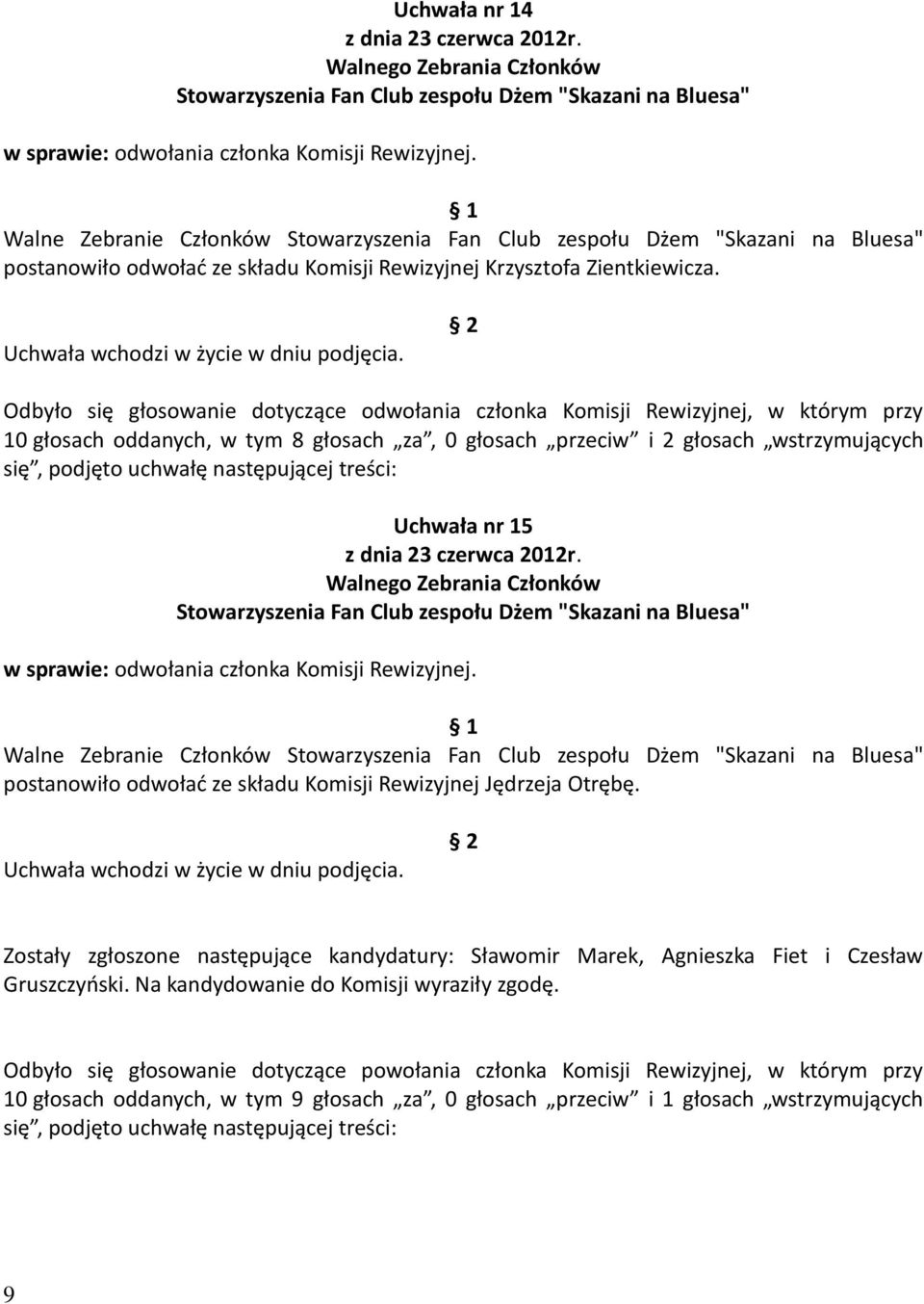 odwołania członka Komisji Rewizyjnej. Walne Zebranie Członków postanowiło odwołać ze składu Komisji Rewizyjnej Jędrzeja Otrębę.