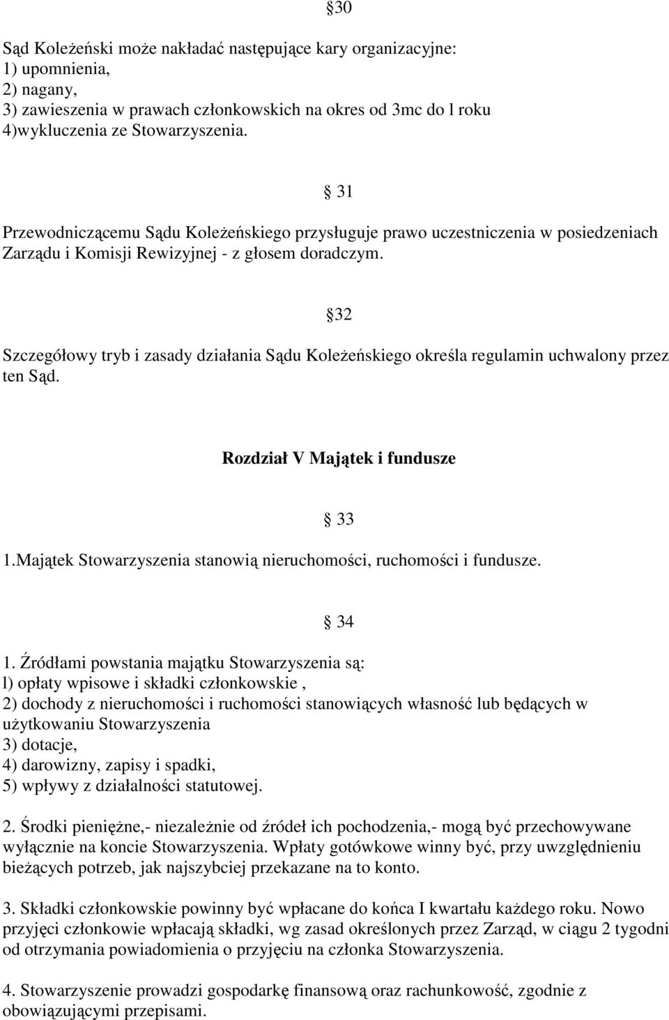 32 Szczegółowy tryb i zasady działania Sądu Koleżeńskiego określa regulamin uchwalony przez ten Sąd. Rozdział V Majątek i fundusze 33 1.