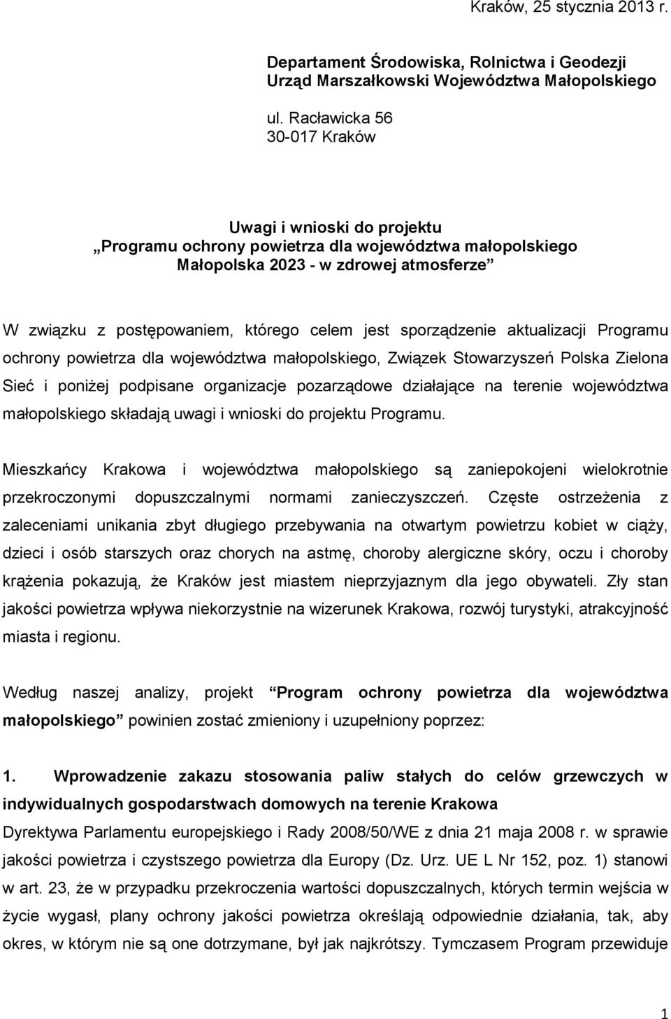 sporządzenie aktualizacji Programu ochrony powietrza dla województwa małopolskiego, Związek Stowarzyszeń Polska Zielona Sieć i poniżej podpisane organizacje pozarządowe działające na terenie
