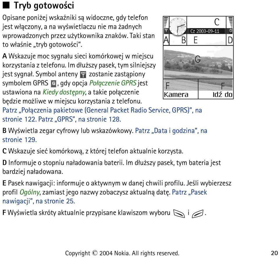 Symbol anteny zostanie zast±piony symbolem GPRS, gdy opcja Po³±czenie GPRS jest ustawiona na Kiedy dostêpny, a takie po³±czenie bêdzie mo liwe w miejscu korzystania z telefonu.