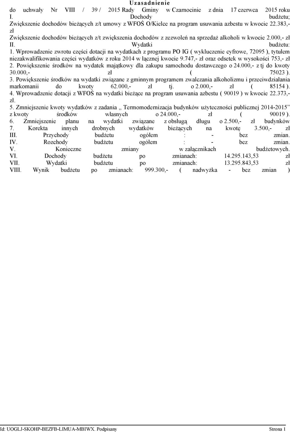 Wprowadzenie zwrotu części dotacji na wydatkach z programu PO IG ( wykluczenie cyfrowe, 72095 ), tytułem niezakwalifikowania części wydatków z roku 2014 w łącznej kwocie 9.