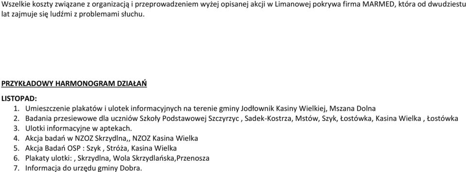 Badania przesiewowe dla uczniów Szkoły Podstawowej Szczyrzyc, Sadek-Kostrza, Mstów, Szyk, Łostówka, Kasina Wielka, Łostówka 3. Ulotki informacyjne w aptekach. 4.