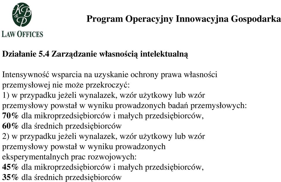 jeżeli wynalazek, wzór użytkowy lub wzór przemysłowy powstał w wyniku prowadzonych badań przemysłowych: 70% dla mikroprzedsiębiorców i małych