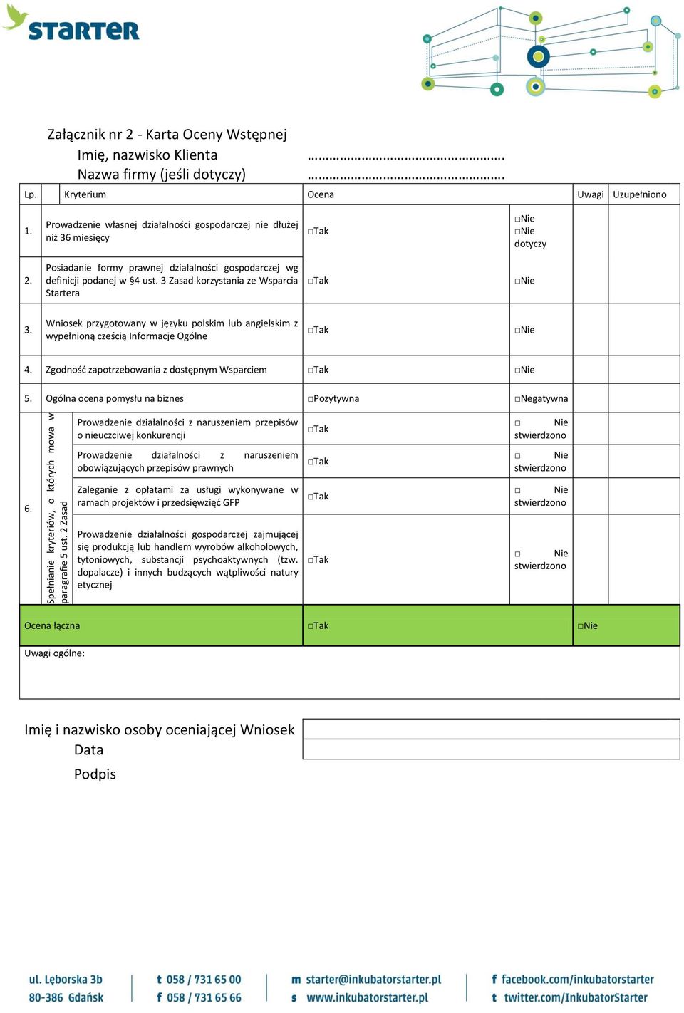 3 Zasad korzystania ze Wsparcia Startera 3. Wniosek przygotowany w języku polskim lub angielskim z wypełnioną cześcią Informacje Ogólne 4. Zgodnośd zapotrzebowania z dostępnym Wsparciem 5.