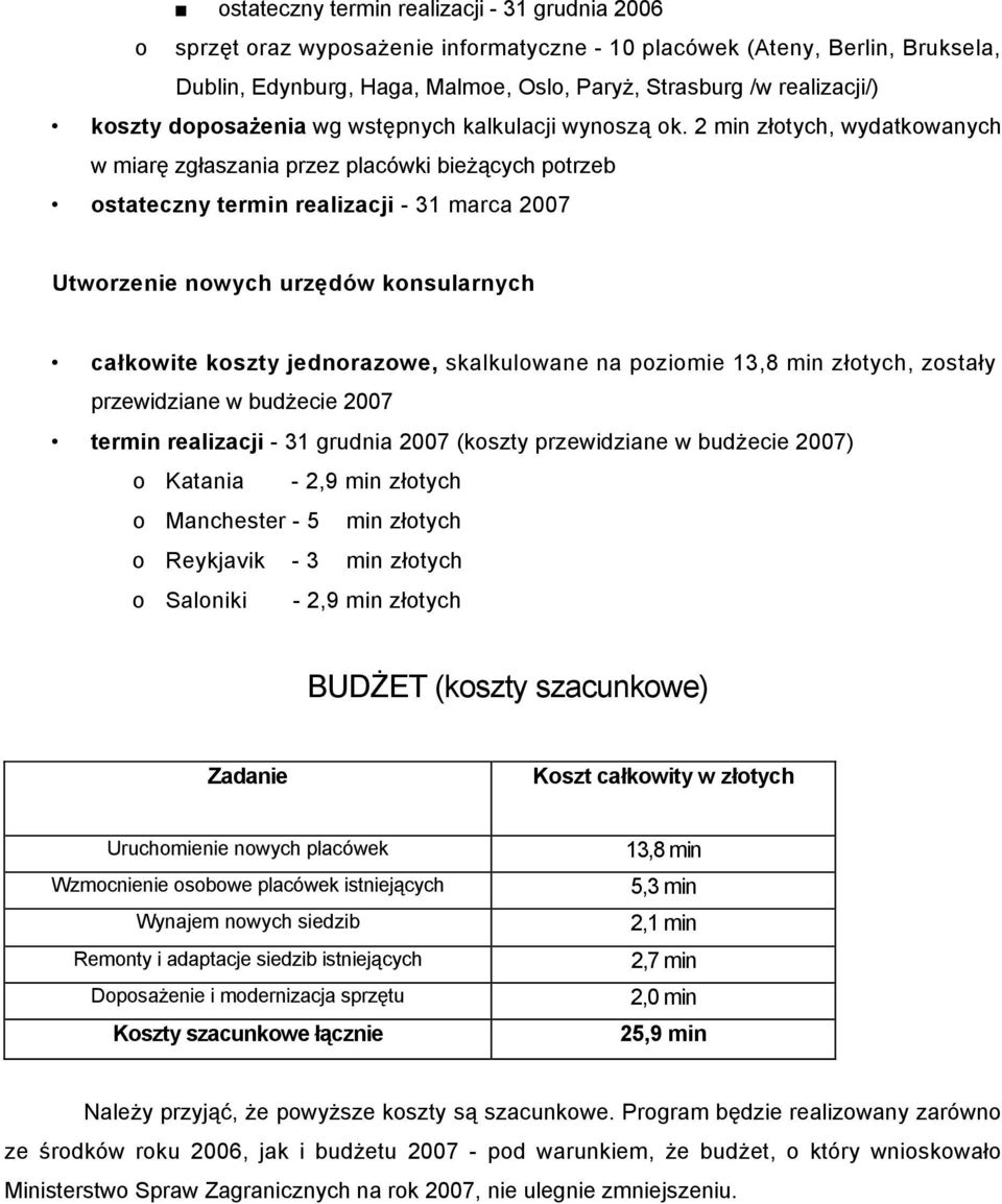 2 min złotych, wydatkowanych w miarę zgłaszania przez placówki bieżących potrzeb ostateczny termin realizacji - 31 marca 2007 Utworzenie nowych urzędów konsularnych całkowite koszty jednorazowe,