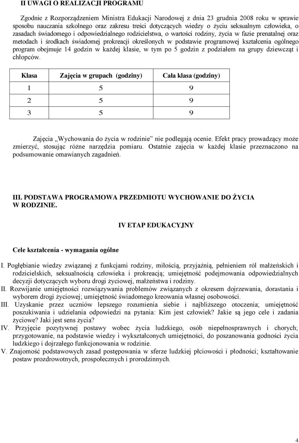 programowej kształcenia ogólnego program obejmuje 14 godzin w każdej klasie, w tym po 5 godzin z podziałem na grupy dziewcząt i chłopców.