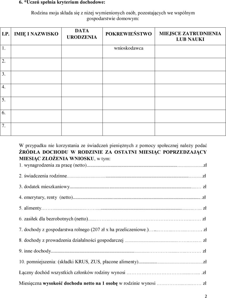 W przypadku nie korzystania ze świadczeń pieniężnych z pomocy społecznej należy podać ŹRÓDŁA DOCHODU W RODZINIE ZA OSTATNI MIESIĄC POPRZEDZAJĄCY MIESIĄC ZŁOŻENIA WNIOSKU, w tym: 1.