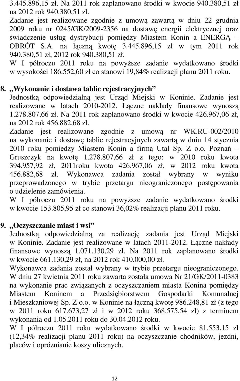 Zadanie jest realizowane zgodnie z umową zawartą w dniu 22 grudnia 2009 roku nr 0245/GK/2009-2356 na dostawę energii elektrycznej oraz świadczenie usług dystrybucji pomiędzy Miastem Konin a ENERGĄ