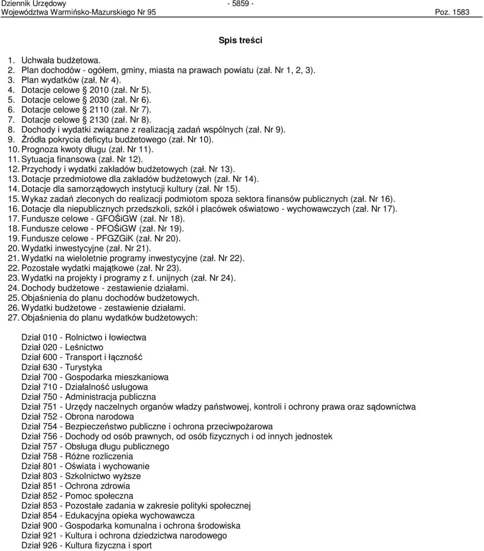 Nr 10). 10. Prognoza kwoty długu (zał. Nr 11). 11. Sytuacja finansowa (zał. Nr 12). 12. Przychody i wydatki zakładów budŝetowych (zał. Nr 13). 13. Dotacje przedmiotowe dla zakładów budŝetowych (zał.