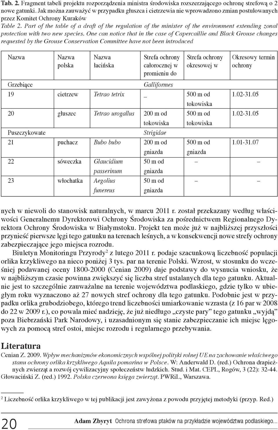 Part of the table of a draft of the regulation of the minister of the environment extending zonal protection with two new species.