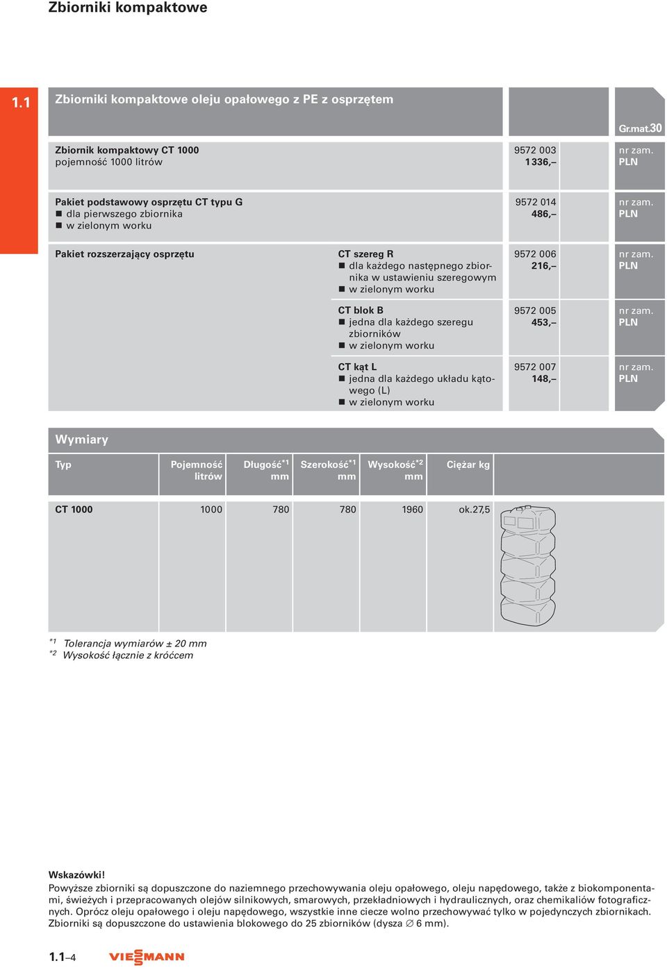 szereg R dla każdego następnego zbiornika w ustawieniu szeregowym w zielonym worku 9572 006 216, CT blok B jedna dla każdego szeregu zbiorników w zielonym worku 9572 005 453, CT kąt L jedna dla