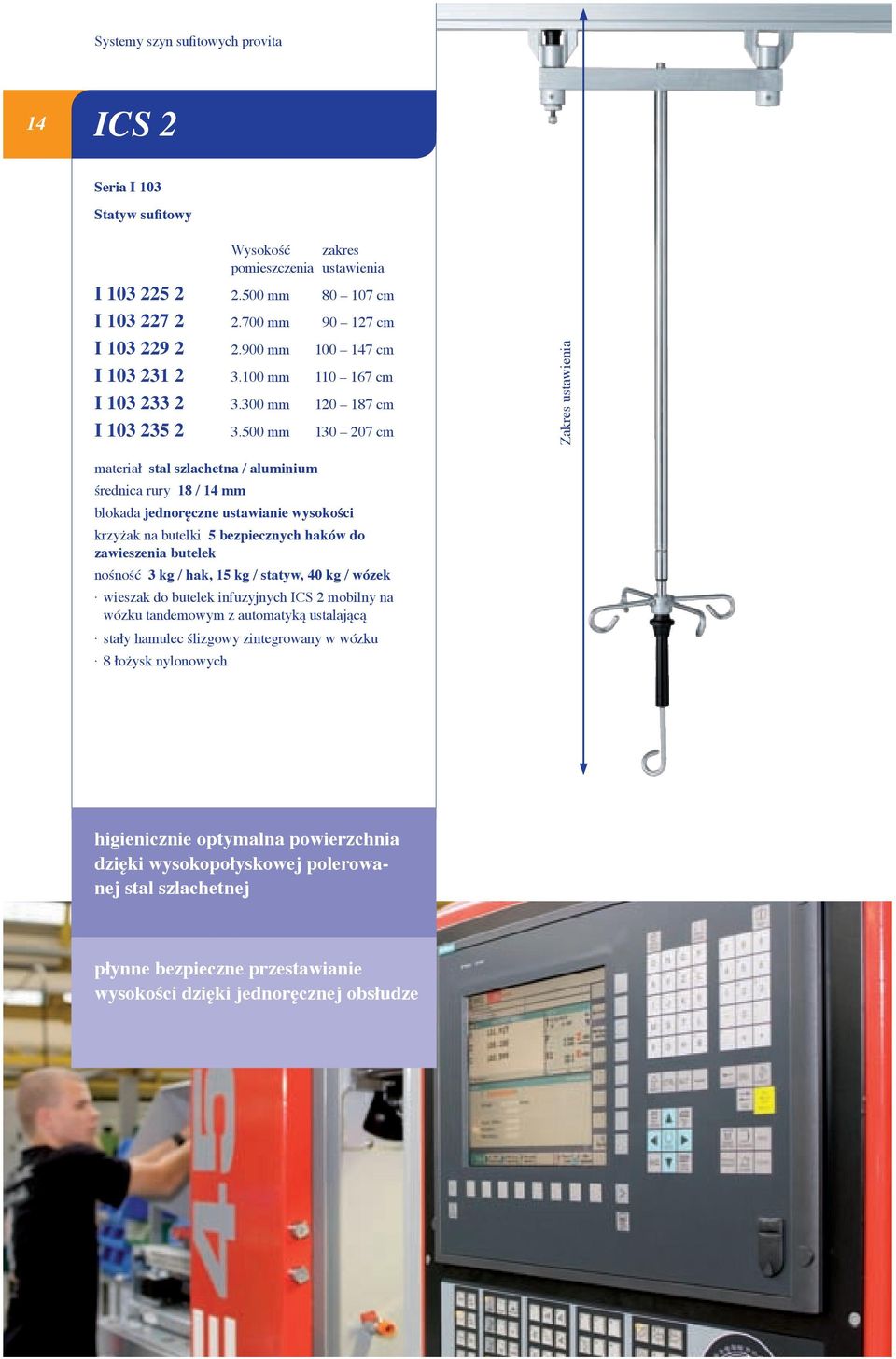 500 mm 130 207 cm Zakres ustawienia / aluminium średnica rury 18 / 14 mm blokada jednoręczne ustawianie wysokości krzyżak na butelki 5 bezpiecznych haków do zawieszenia butelek nośność 3 kg / hak, 15