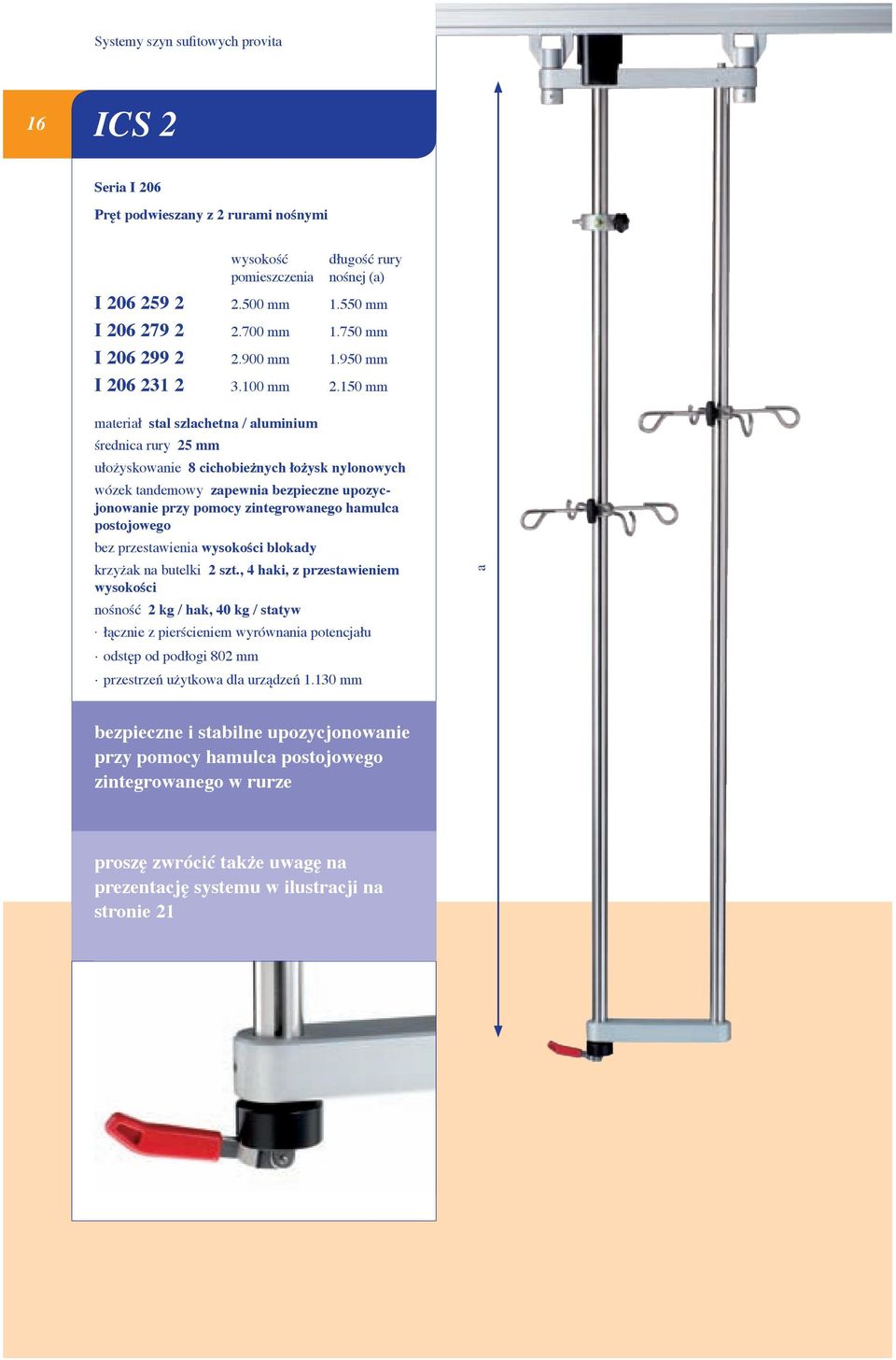 150 mm / aluminium średnica rury 25 mm ułożyskowanie 8 cichobieżnych łożysk nylonowych wózek tandemowy zapewnia bezpieczne upozycjonowanie przy pomocy zintegrowanego hamulca postojowego bez