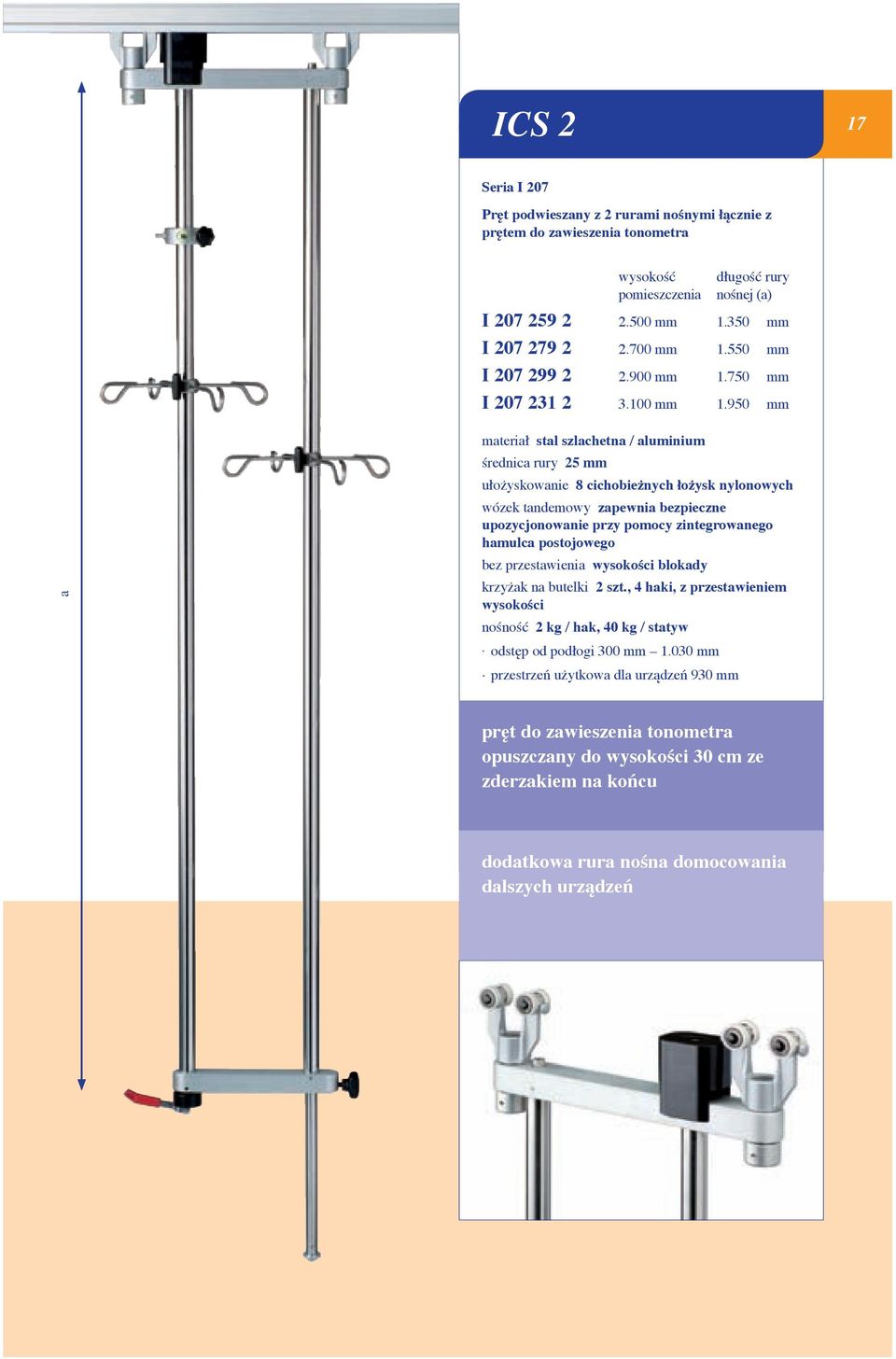 950 mm a / aluminium średnica rury 25 mm ułożyskowanie 8 cichobieżnych łożysk nylonowych wózek tandemowy zapewnia bezpieczne upozycjonowanie przy pomocy zintegrowanego hamulca postojowego bez
