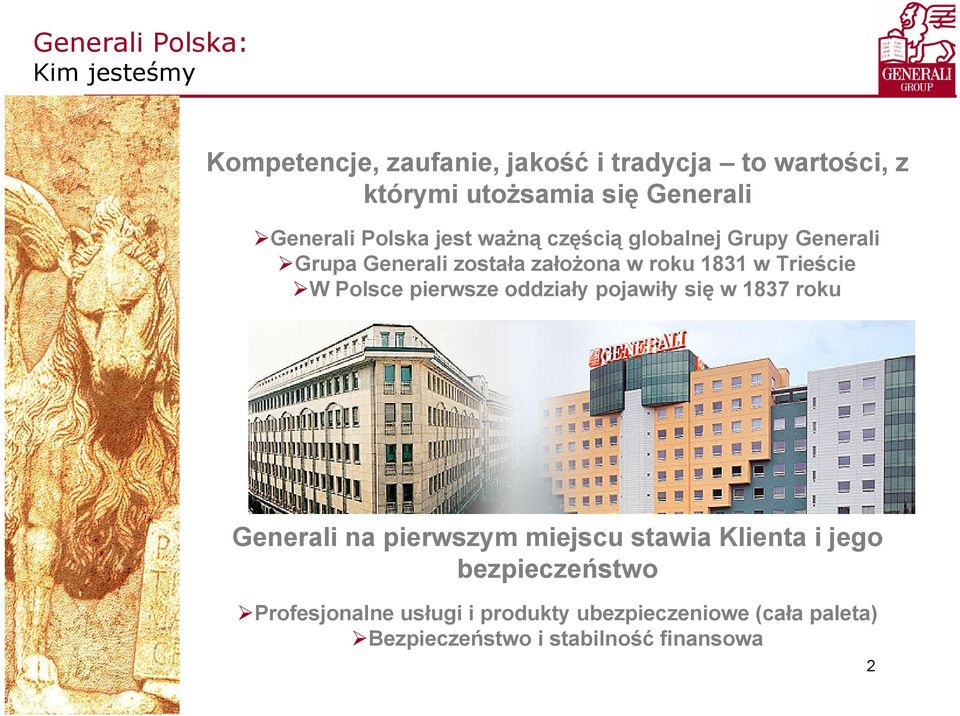 Polsce pierwsze oddziały pojawiły się w 1837 roku Generali na pierwszym miejscu stawia Klienta i jego