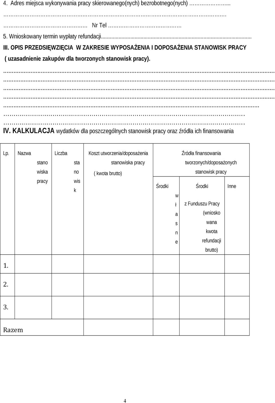 KALKULACJA wydatków dla poszczególnych stanowisk pracy oraz źródła ich finansowania Lp.