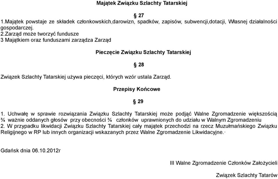 Zarząd może tworzyć fundusze 3 Majątkiem oraz funduszami zarządza Zarząd Pieczęcie Związku Szlachty Tatarskiej 28 Związek Szlachty Tatarskiej używa pieczęci, których wzór ustala Zarząd.