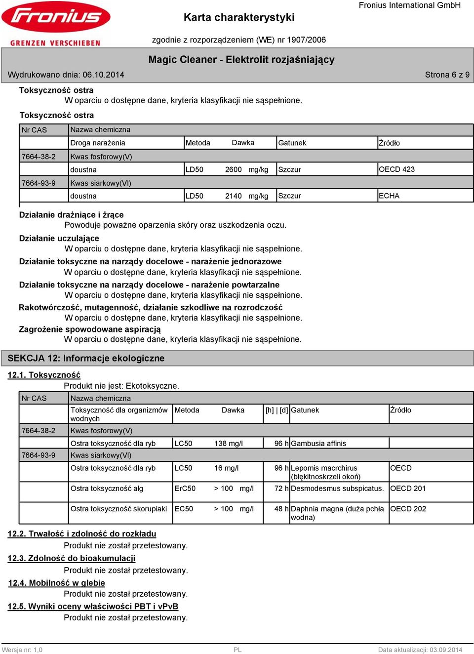 2600 mg/kg Szczur OECD 423 LD50 2140 mg/kg Szczur ECHA Działanie drażniące i żrące Powoduje poważne oparzenia skóry oraz uszkodzenia oczu.