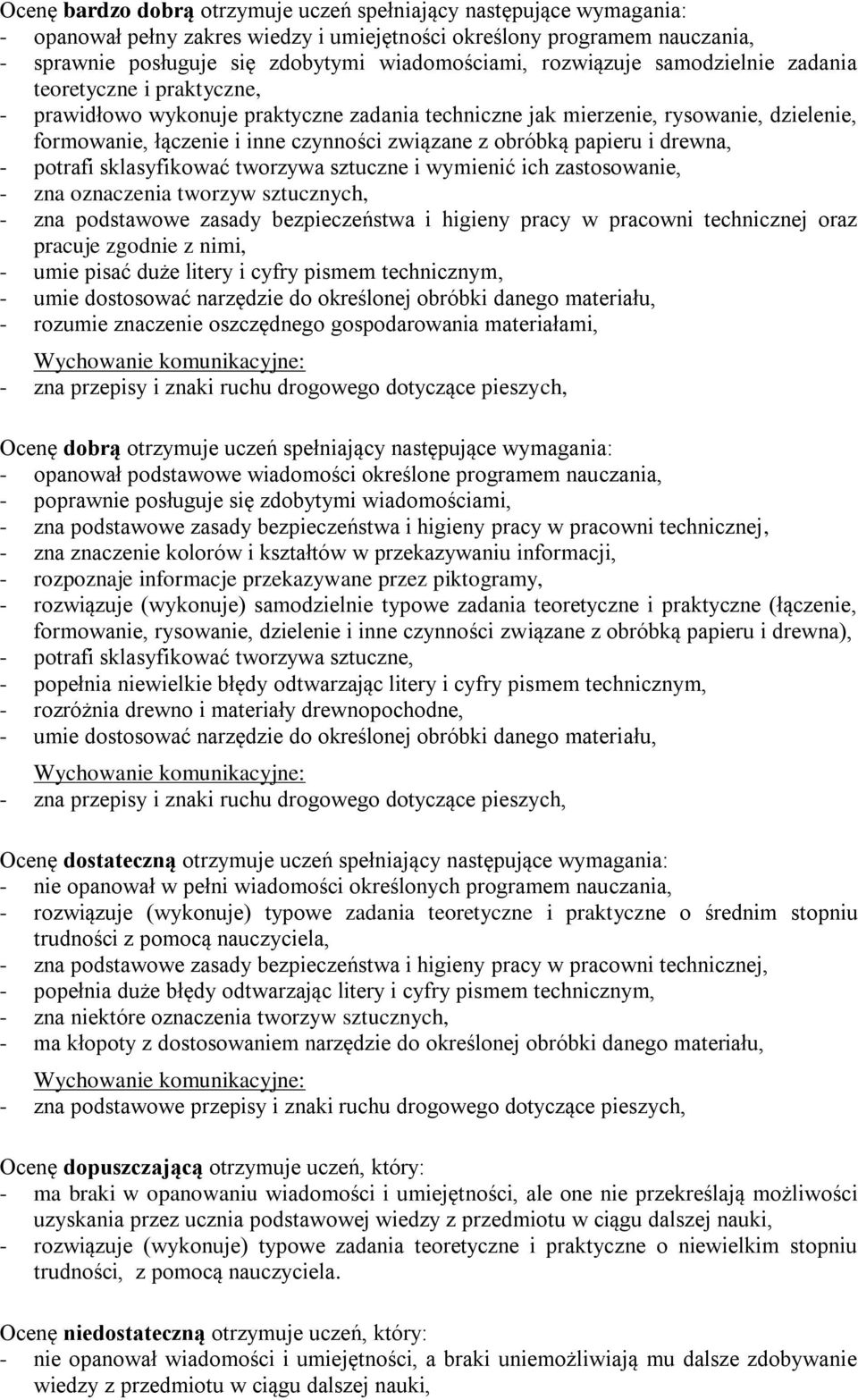 obróbką papieru i drewna, - potrafi sklasyfikować tworzywa sztuczne i wymienić ich zastosowanie, - zna oznaczenia tworzyw sztucznych, - zna podstawowe zasady bezpieczeństwa i higieny pracy w pracowni