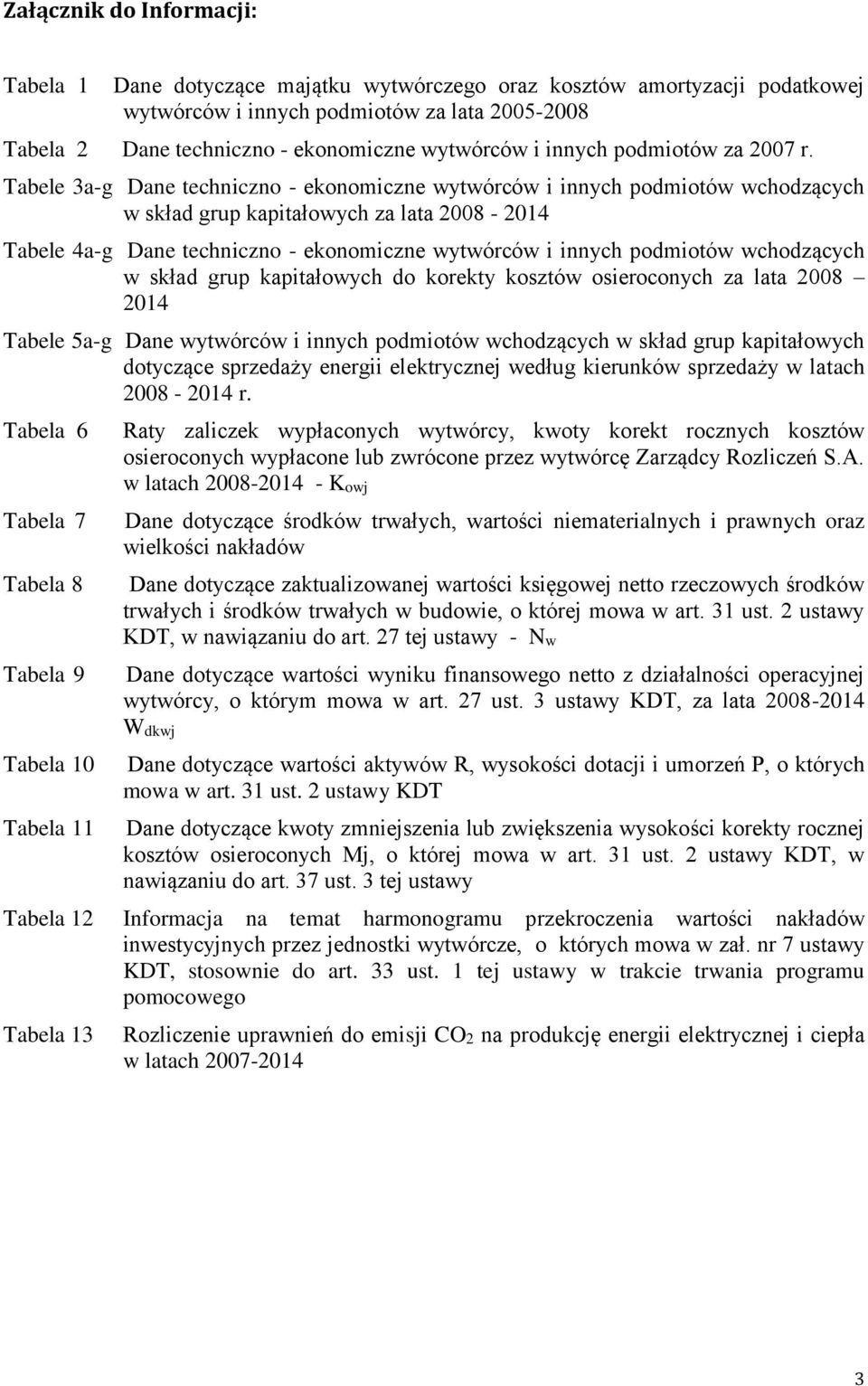 Tabele 3a-g Dane techniczno - ekonomiczne wytwórców i innych podmiotów wchodzących w skład grup kapitałowych za lata 2008-2014 Tabele 4a-g Dane techniczno - ekonomiczne wytwórców i innych podmiotów