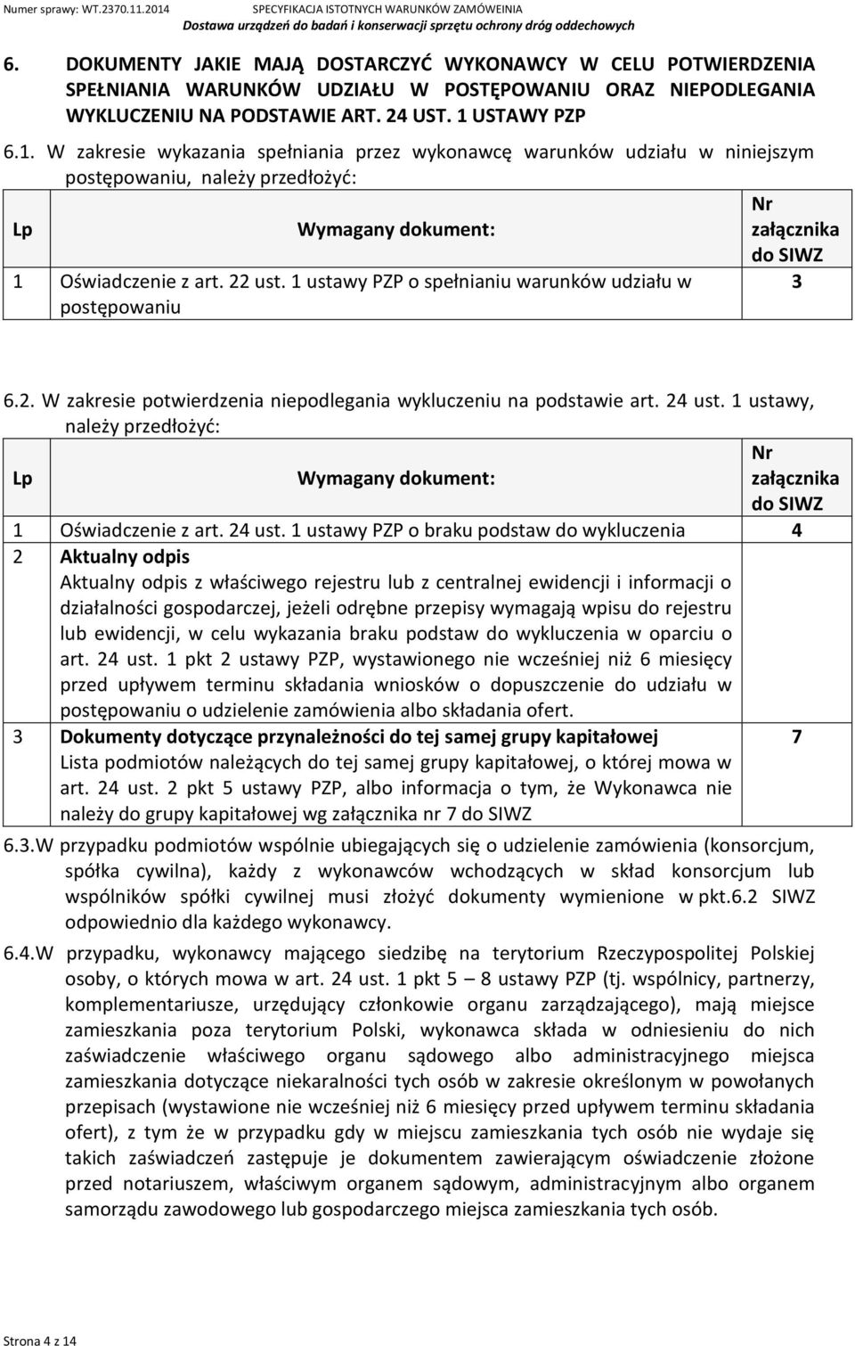 1 ustawy PZP o spełnianiu warunków udziału w postępowaniu 3 6.2. W zakresie potwierdzenia niepodlegania wykluczeniu na podstawie art. 24 ust.