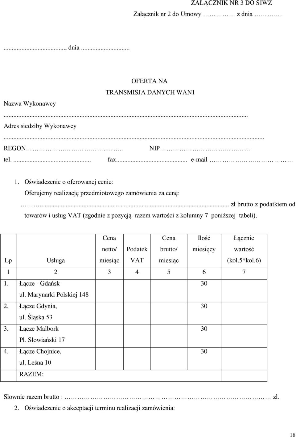 .. zł brutto z podatkiem od towarów i usług VAT (zgodnie z pozycją razem wartości z kolumny 7 poniższej tabeli).