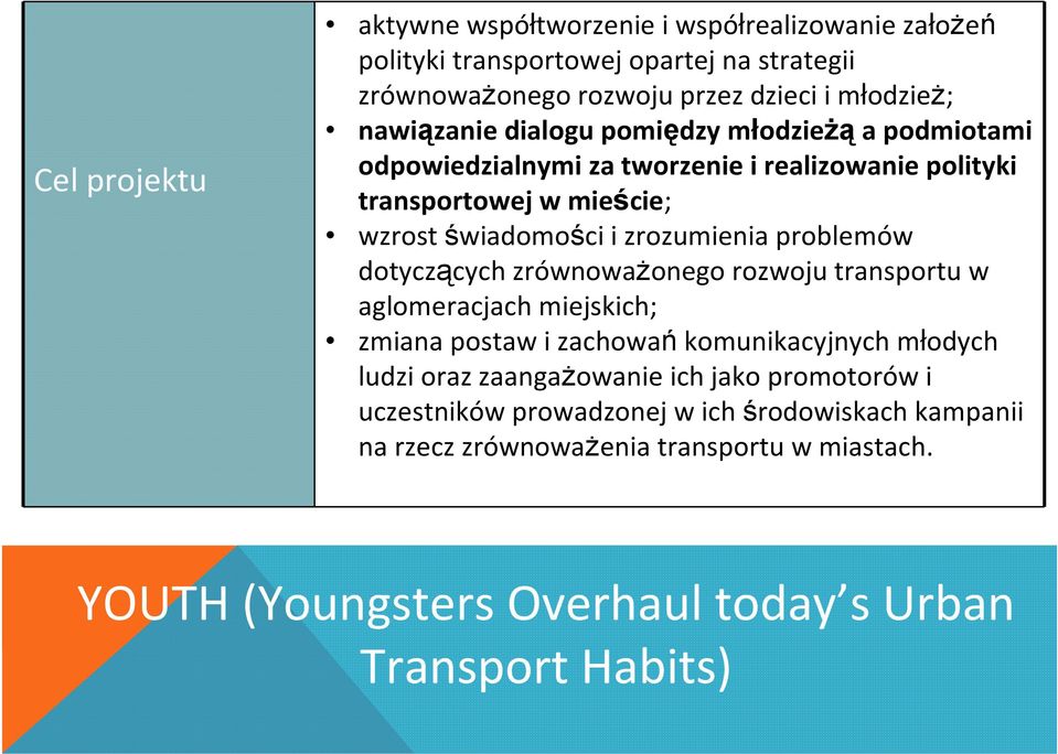 problemów dotyczących zrównoważonego rozwoju transportu w aglomeracjach miejskich; zmiana postaw i zachowańkomunikacyjnych młodych ludzi oraz zaangażowanie ich