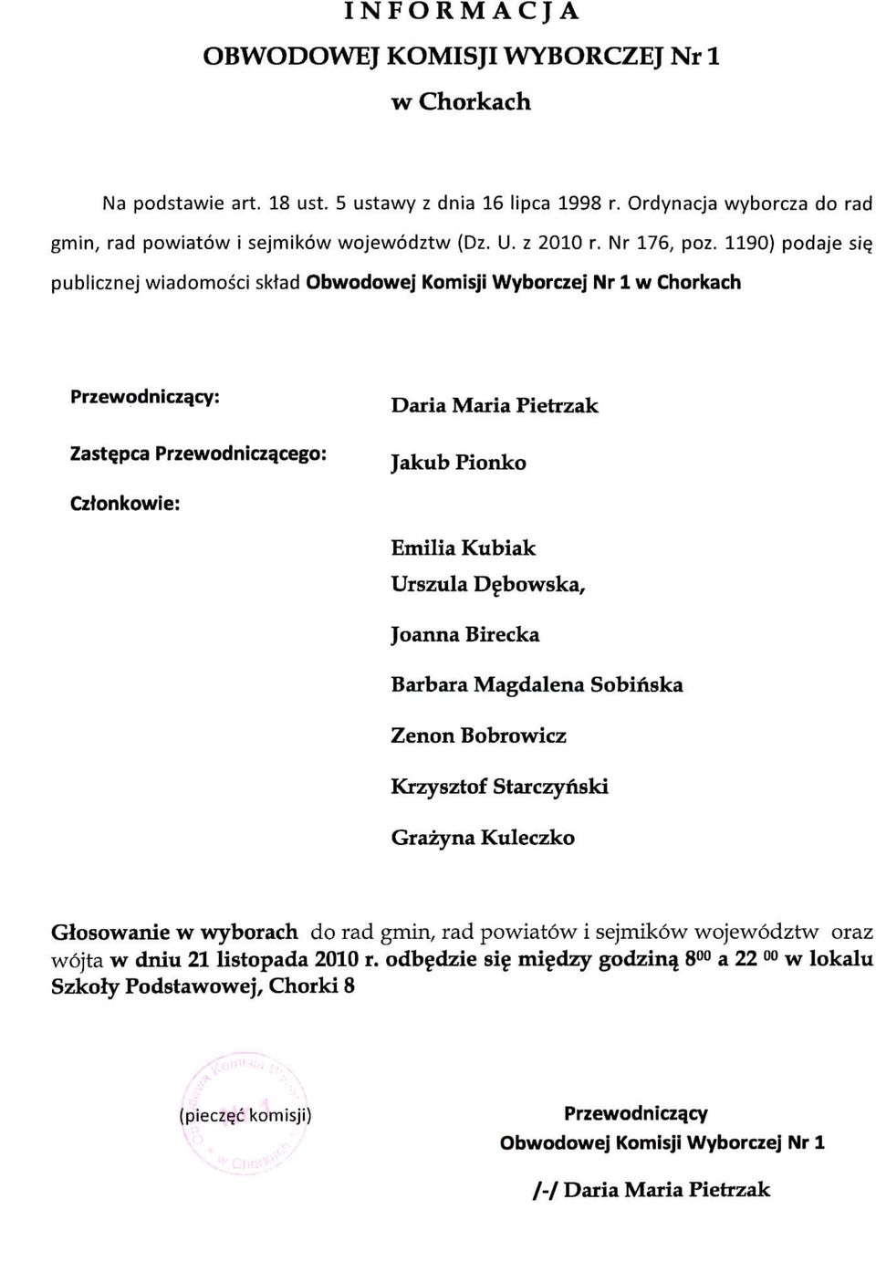 Urszula Debowska, Joanna Birecka Barbara Magdalena Sobinska Zenon Bobrowicz Krzysztof Starczynski Grazyna Kuleczko Glosowanie w wyborach do rad gmin, rad powiatow i