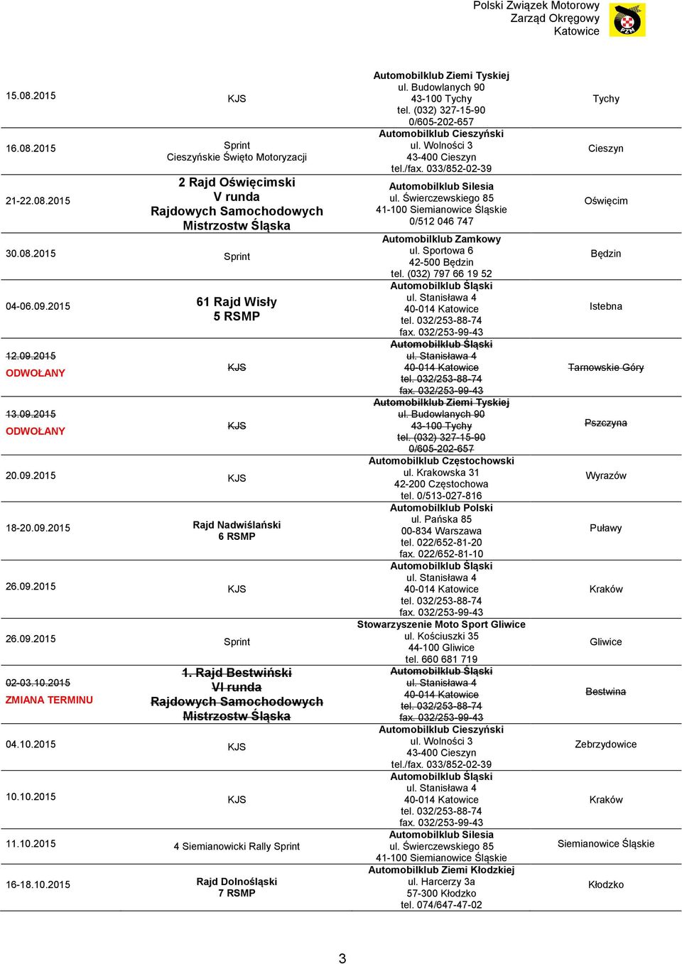 10.2015 Rajd Dolnośląski 7 RSMP 0/512 046 747 Automobilklub Polski ul. Pańska 85 00-834 Warszawa tel. 022/652-81-20 fax. 022/652-81-10 Stowarzyszenie Moto Sport ul.